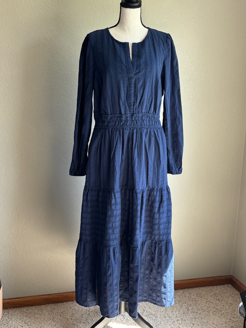 BTFBM Women's Navy Long-Sleeve Tiered 100% cotton Maxi Dress women’s L